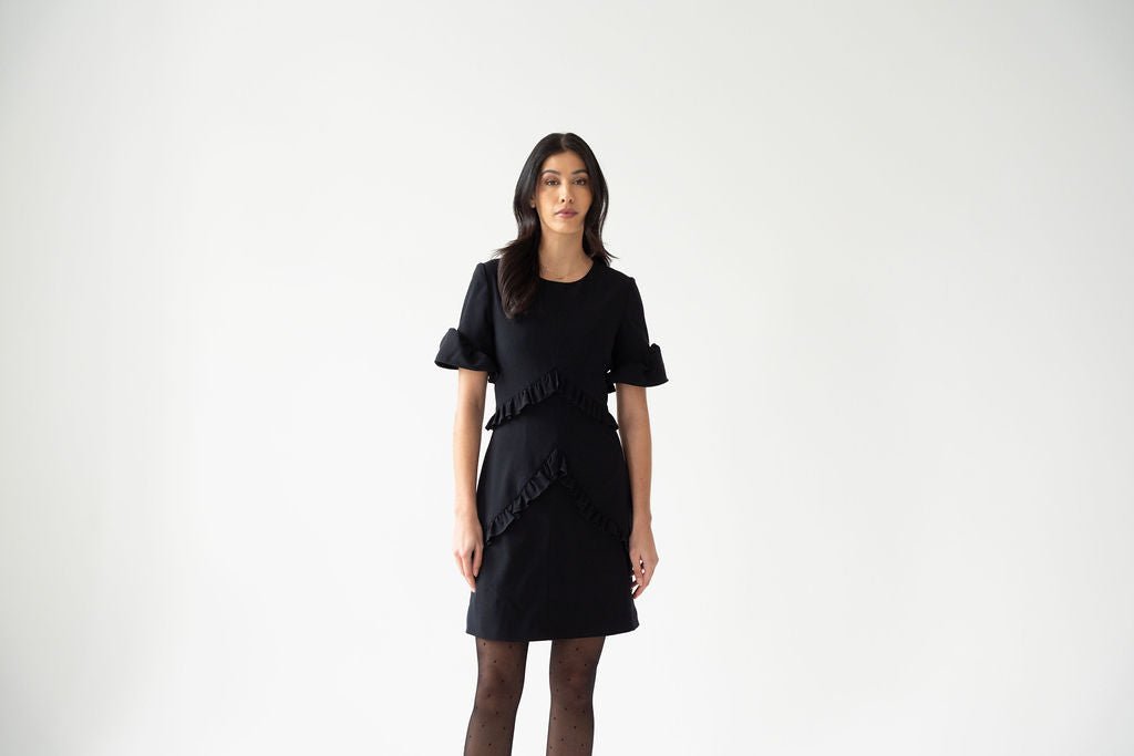 Black crepe ruched mini dress