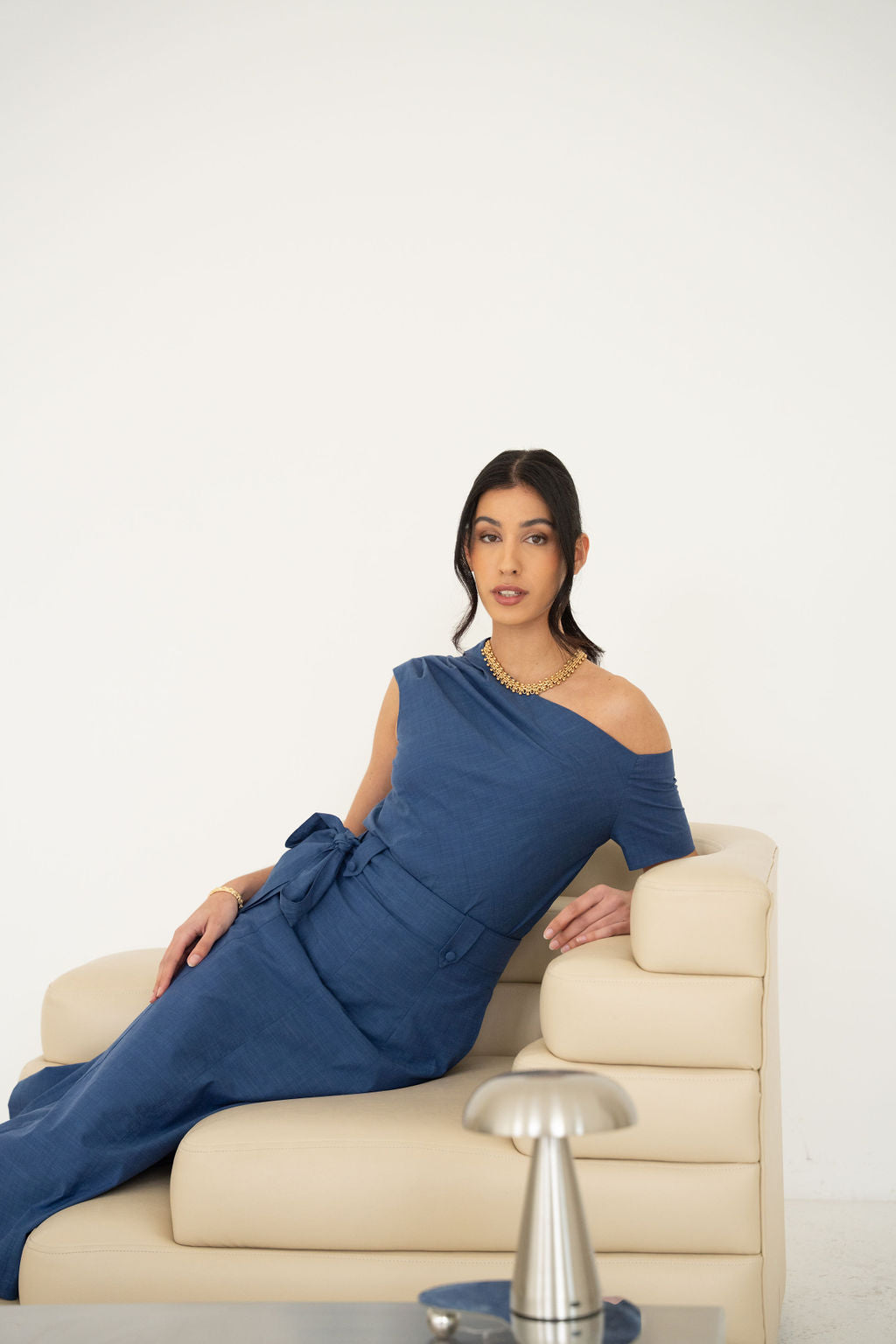 Blue Cotton High-Waisted Midi Skirt with Belt