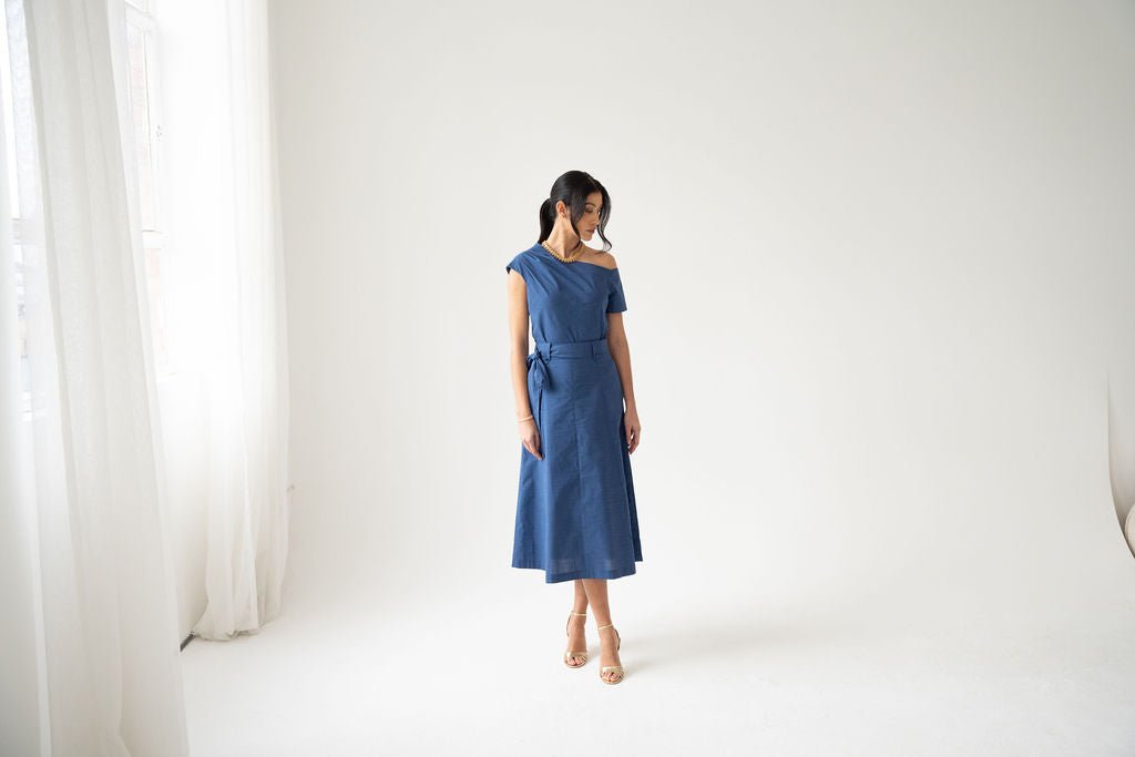 Blue Cotton High-Waisted Midi Skirt with Belt