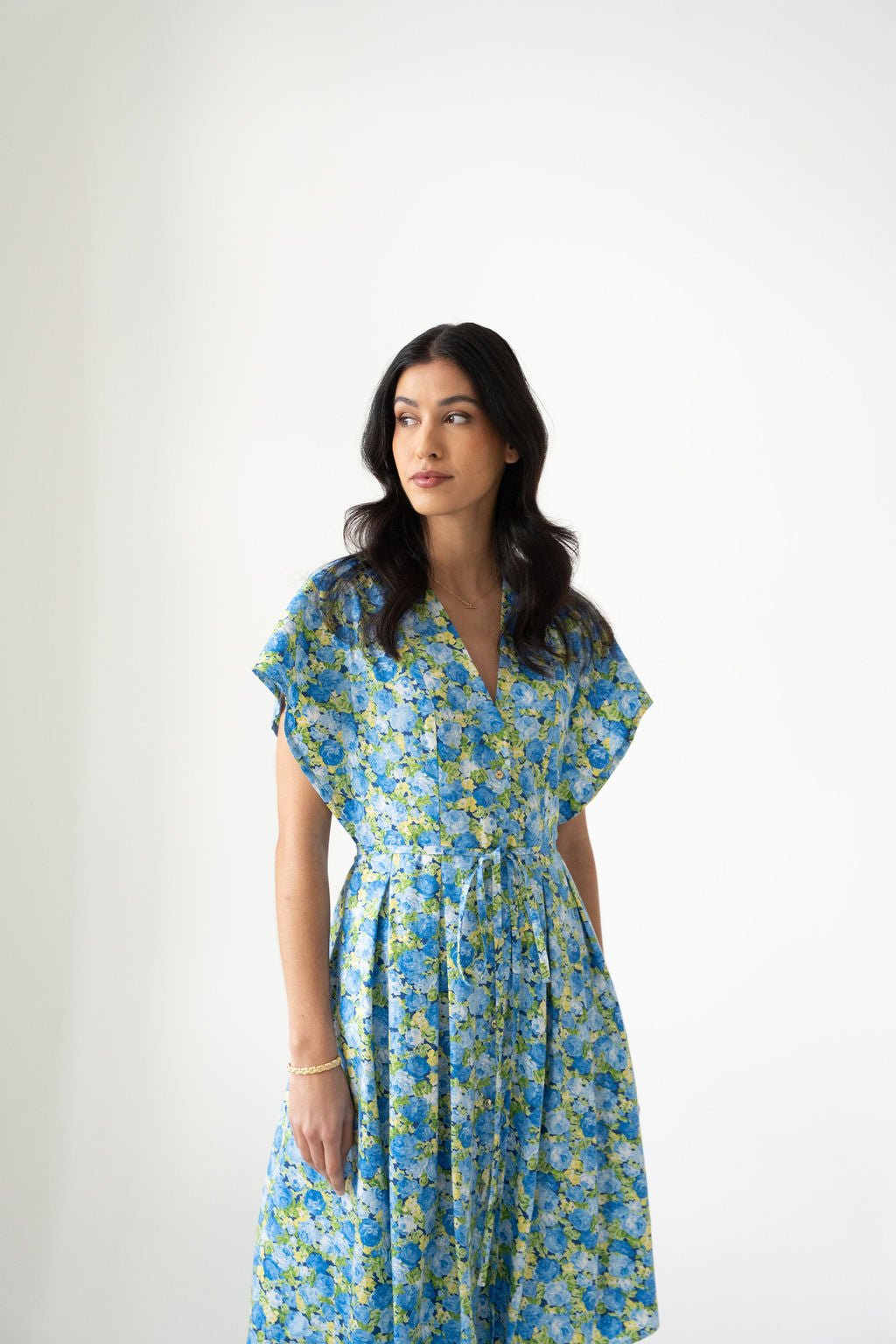 Blue Roses Cotton Poplin Midi Shirt Dress