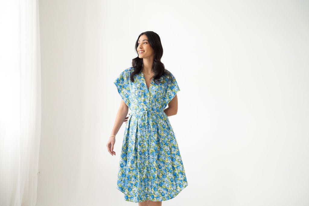 Blue Roses Cotton Poplin Midi Shirt Dress