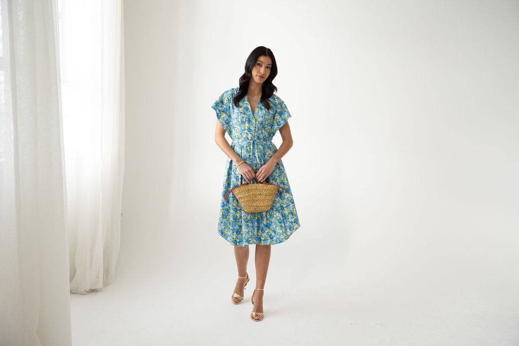 Blue Roses Cotton Poplin Midi Shirt Dress