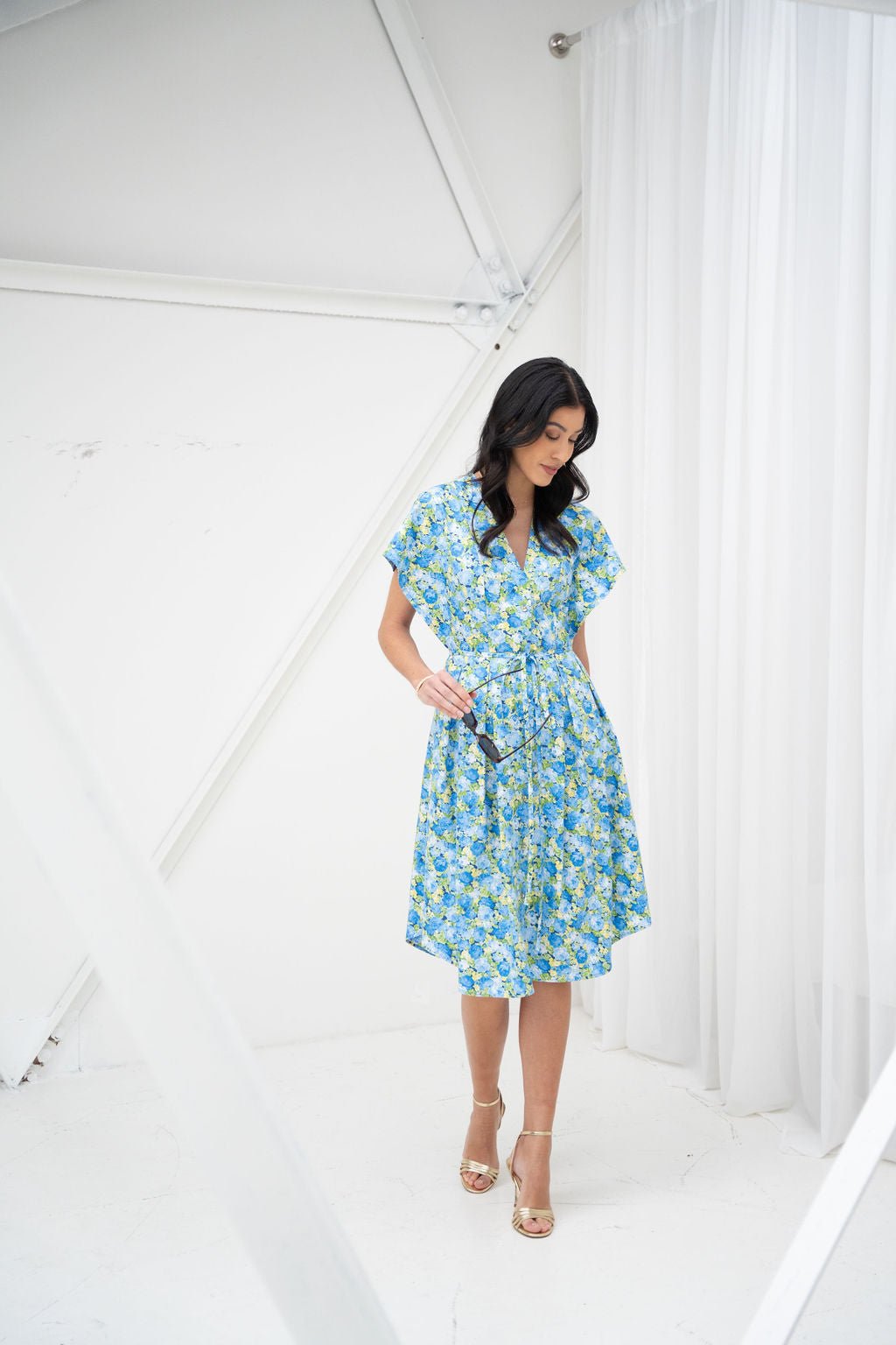 Blue Roses Cotton Poplin Midi Shirt Dress