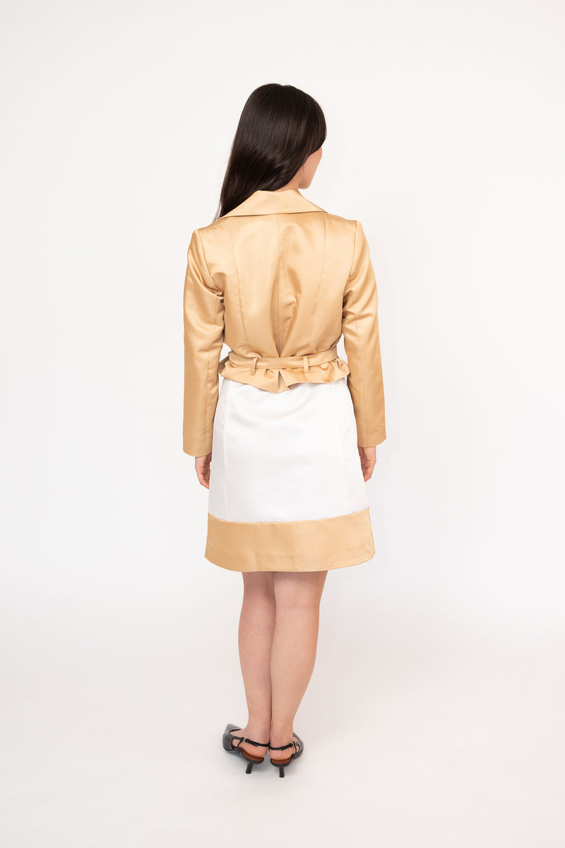 Beige Satin Cropped Belted Double-Breasted Jacket