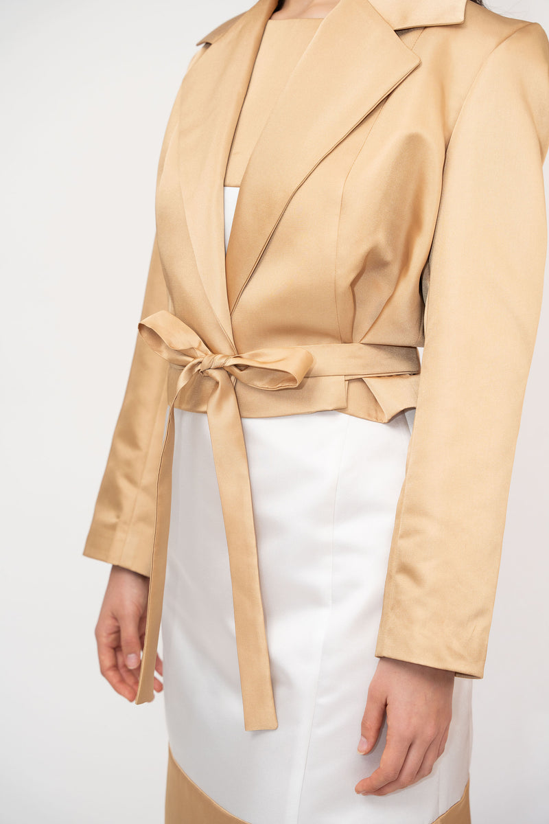 Beige Satin Cropped Belted Double-Breasted Jacket