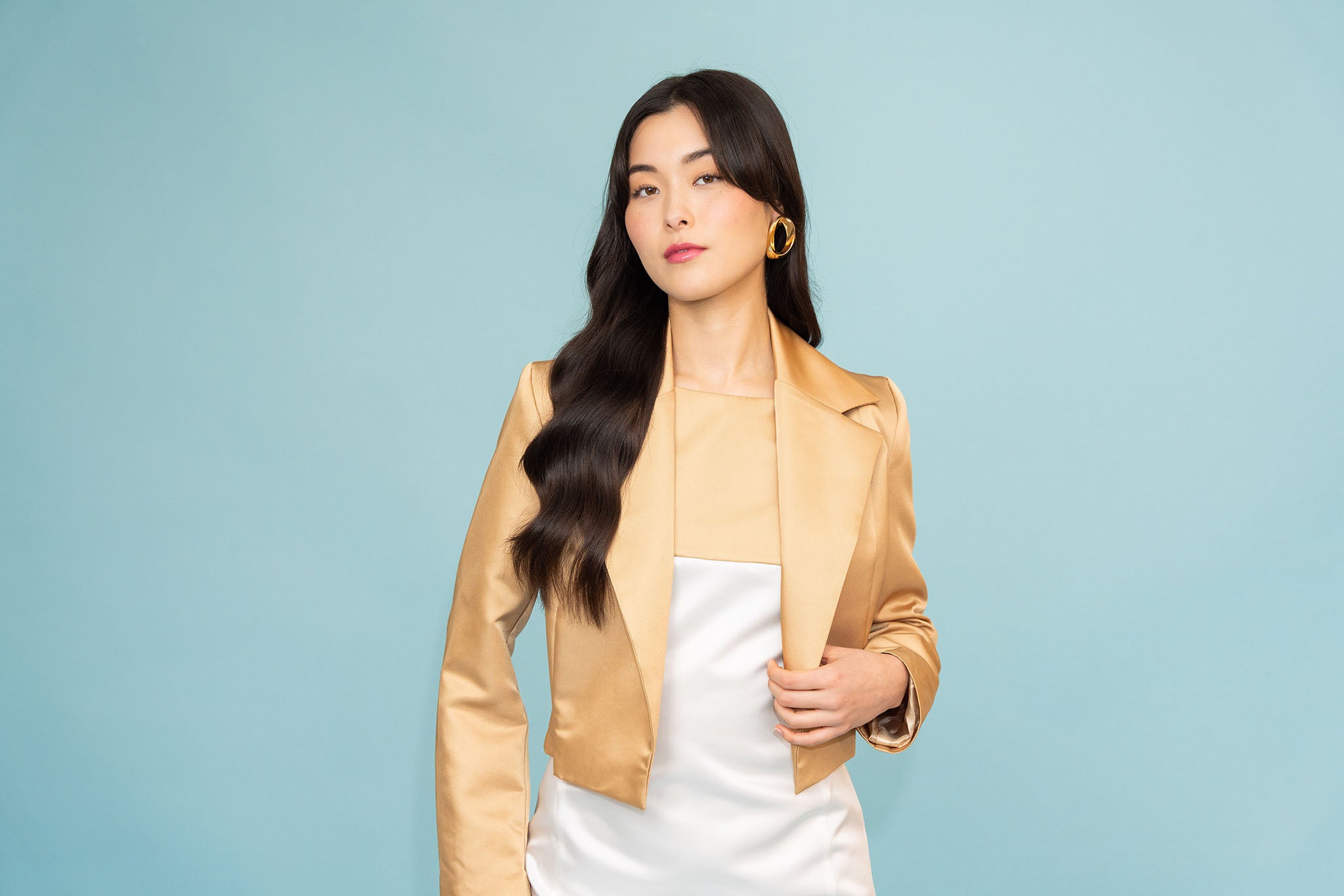 Beige Satin Cropped Belted Double-Breasted Jacket