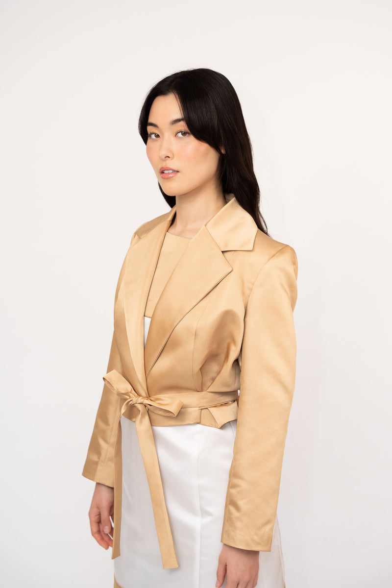 Beige Satin Cropped Belted Double-Breasted Jacket