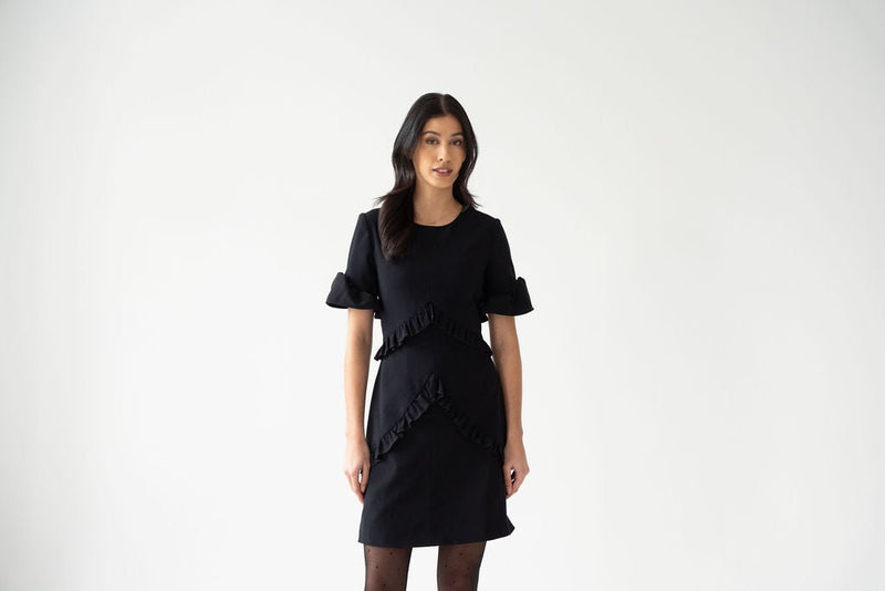 Black crepe ruched mini dress
