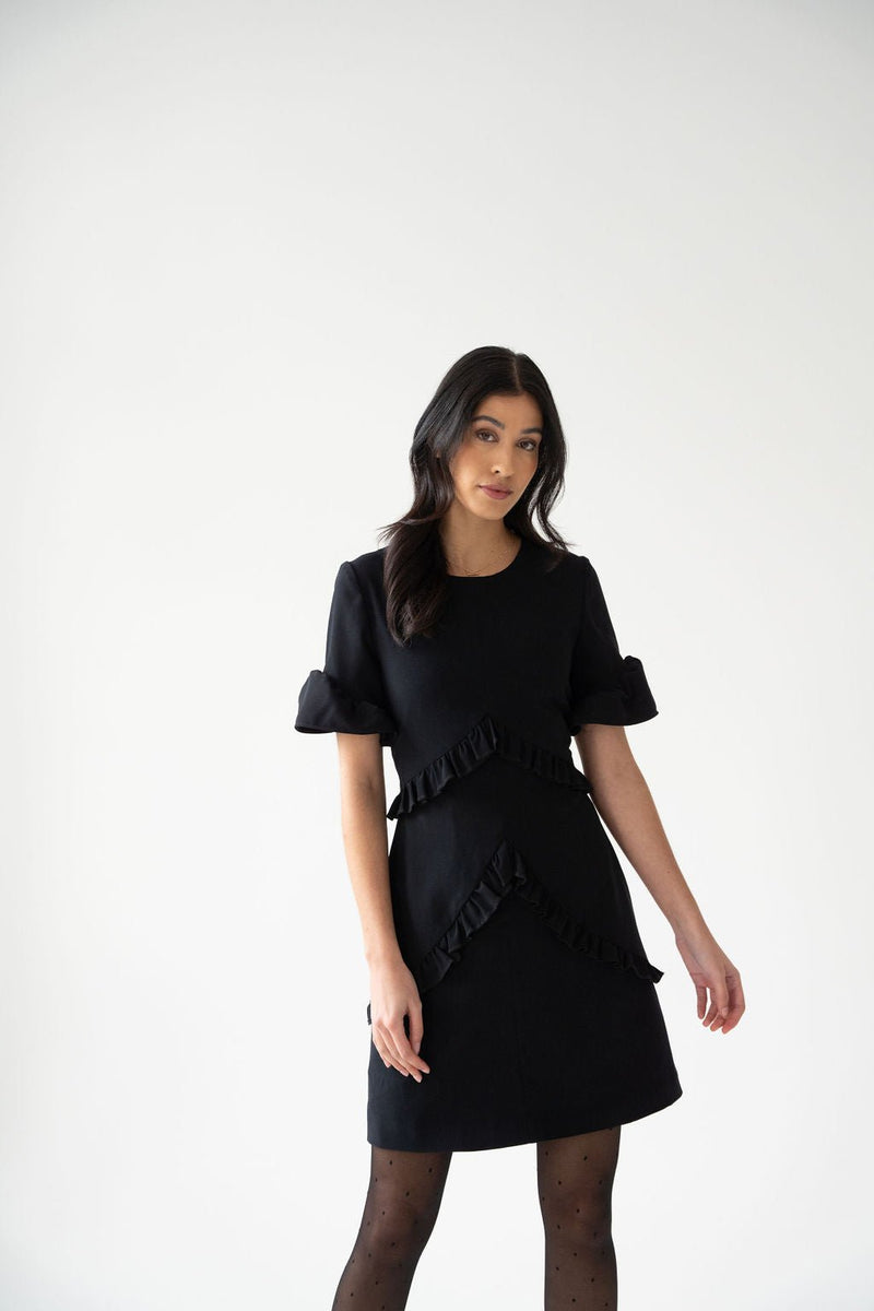 Black crepe ruched mini dress
