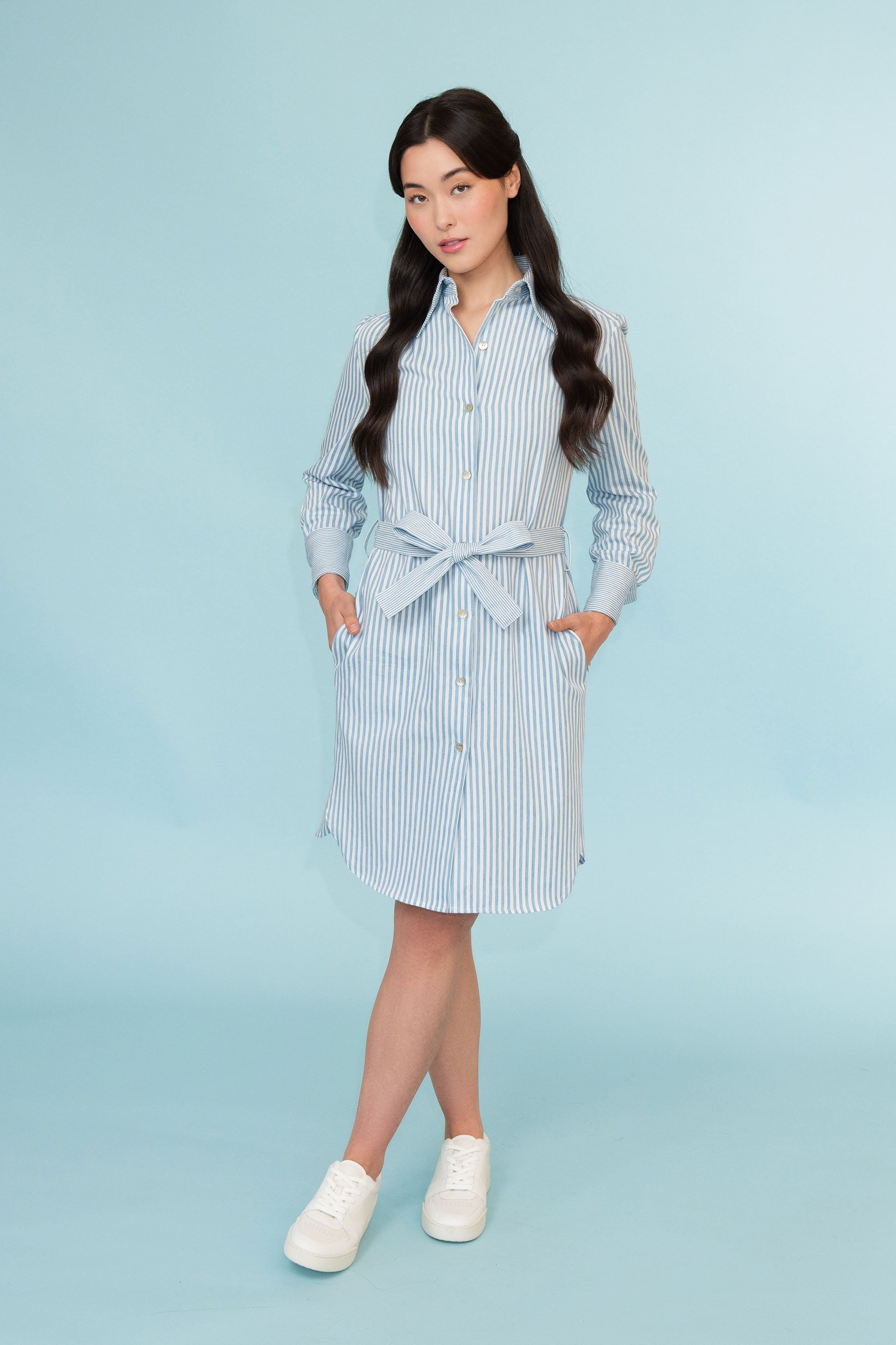 Blue Stripe Belted Cotton Shirtdress