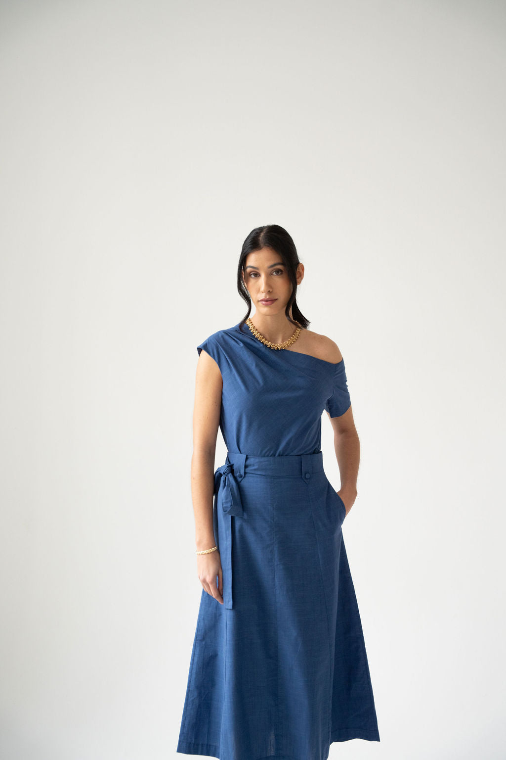 Blue Cotton High-Waisted Midi Skirt with Belt