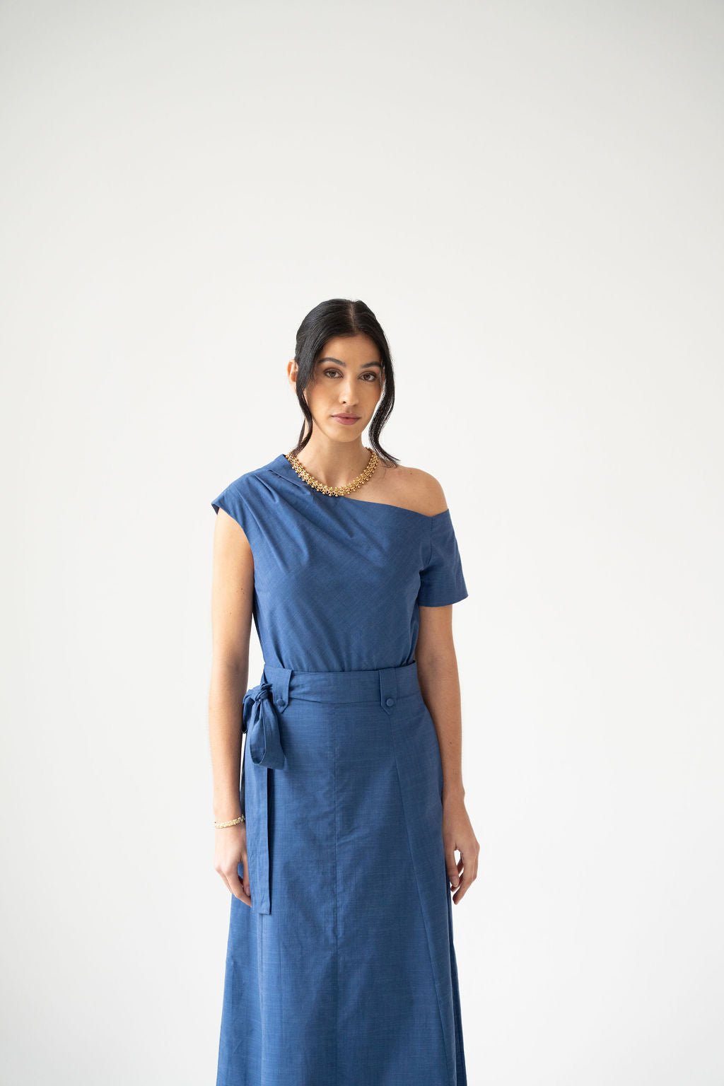 Blue Cotton High-Waisted Midi Skirt with Belt