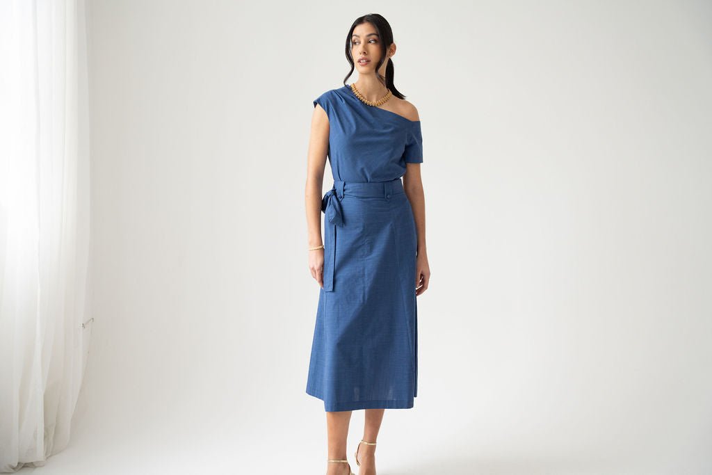 Blue cotton off the shoulder draped top