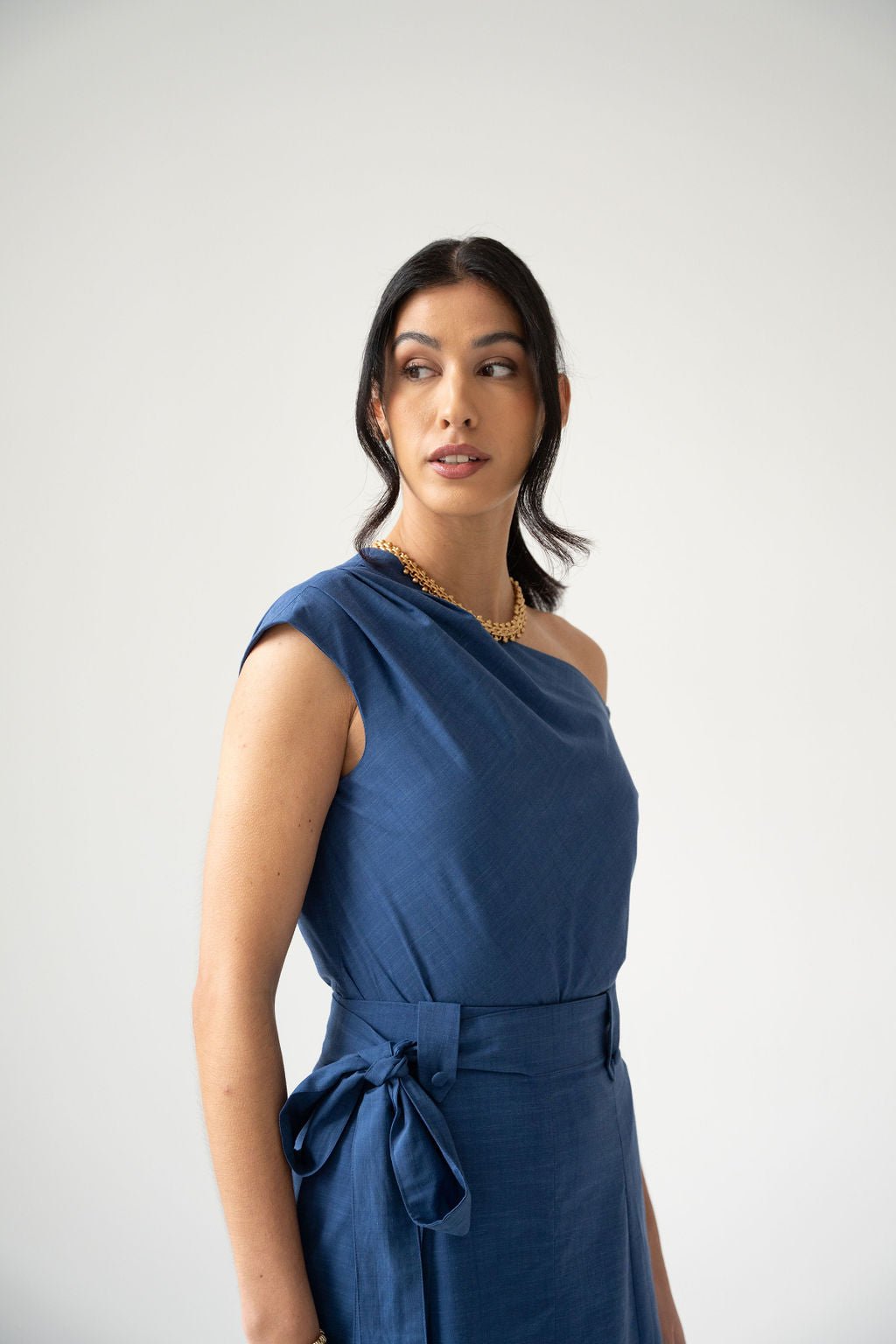 Blue cotton off the shoulder draped top