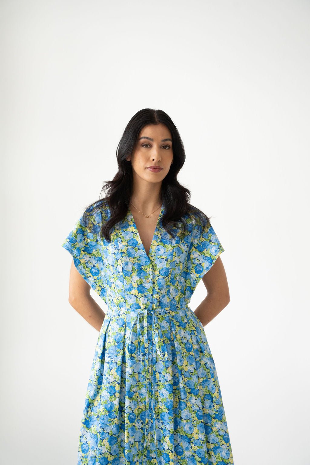 Blue Roses Cotton Poplin Midi Shirt Dress