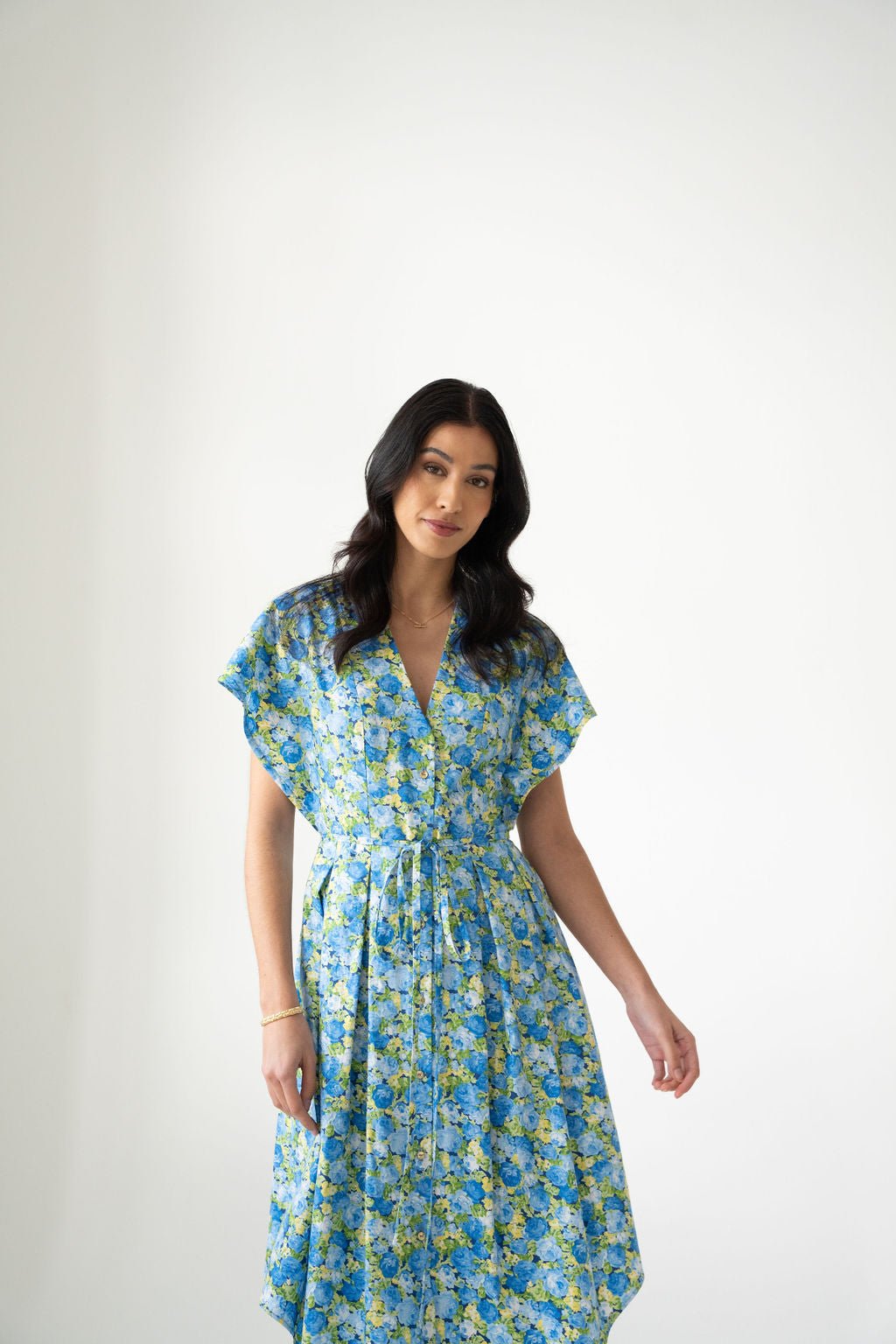 Blue Roses Cotton Poplin Midi Shirt Dress