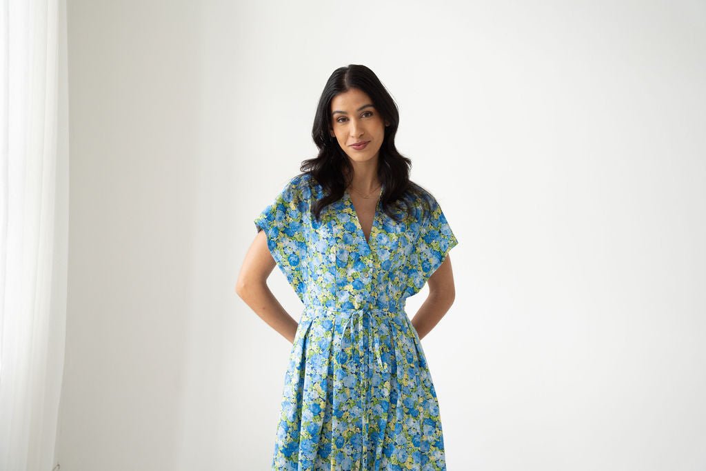 Blue Roses Cotton Poplin Midi Shirt Dress