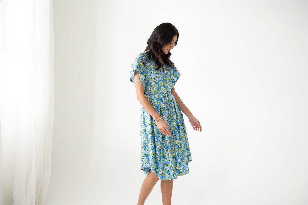 Blue Roses Cotton Poplin Midi Shirt Dress