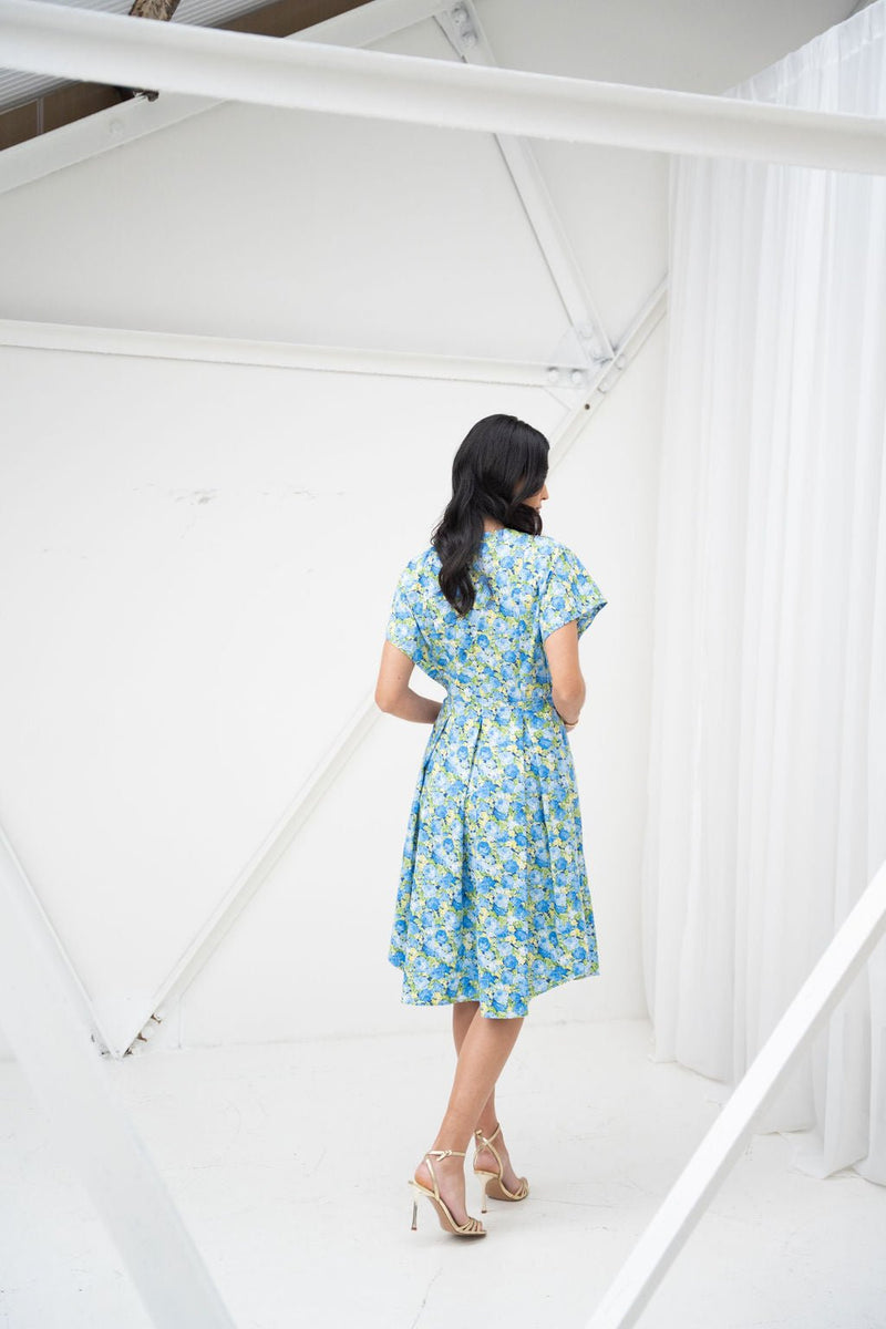 Blue Roses Cotton Poplin Midi Shirt Dress