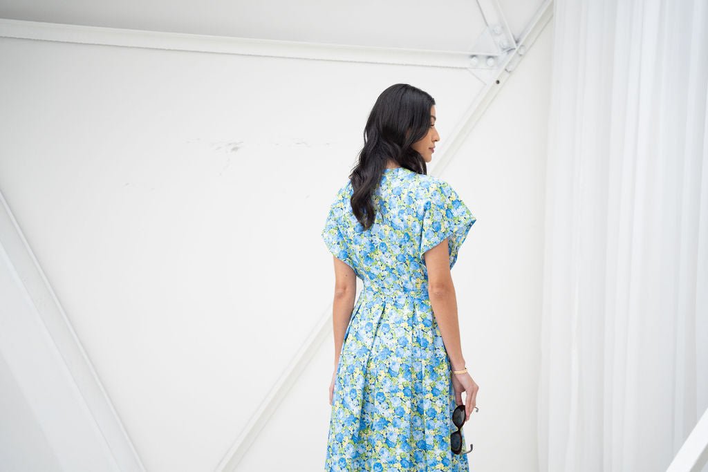 Blue Roses Cotton Poplin Midi Shirt Dress