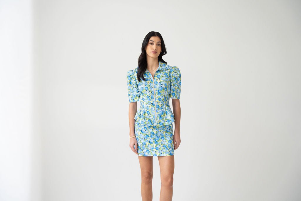 Blue roses cotton poplin mini skirt