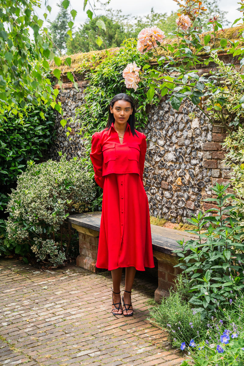 Crepe midi red dress with ruched long sleeves