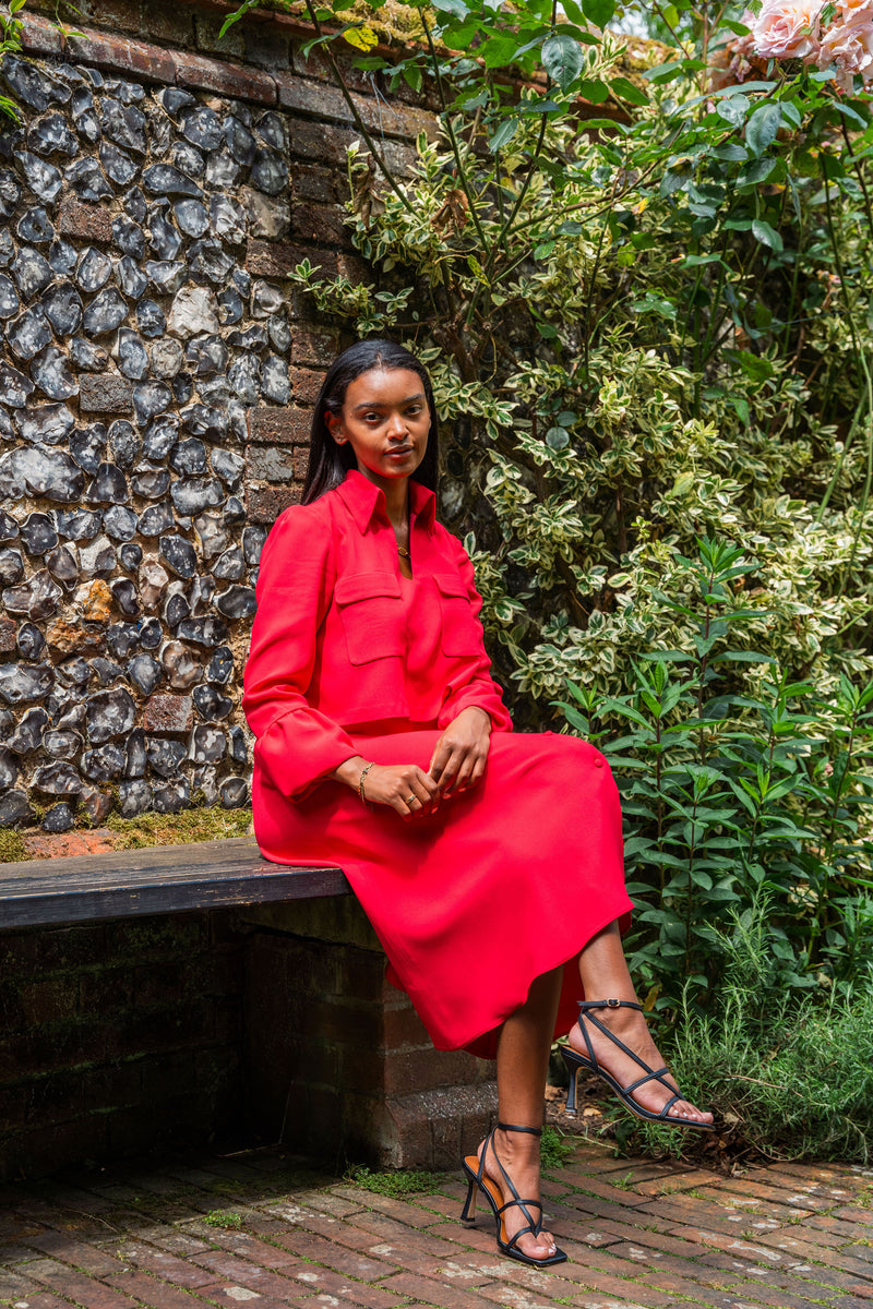 Crepe midi red dress with ruched long sleeves