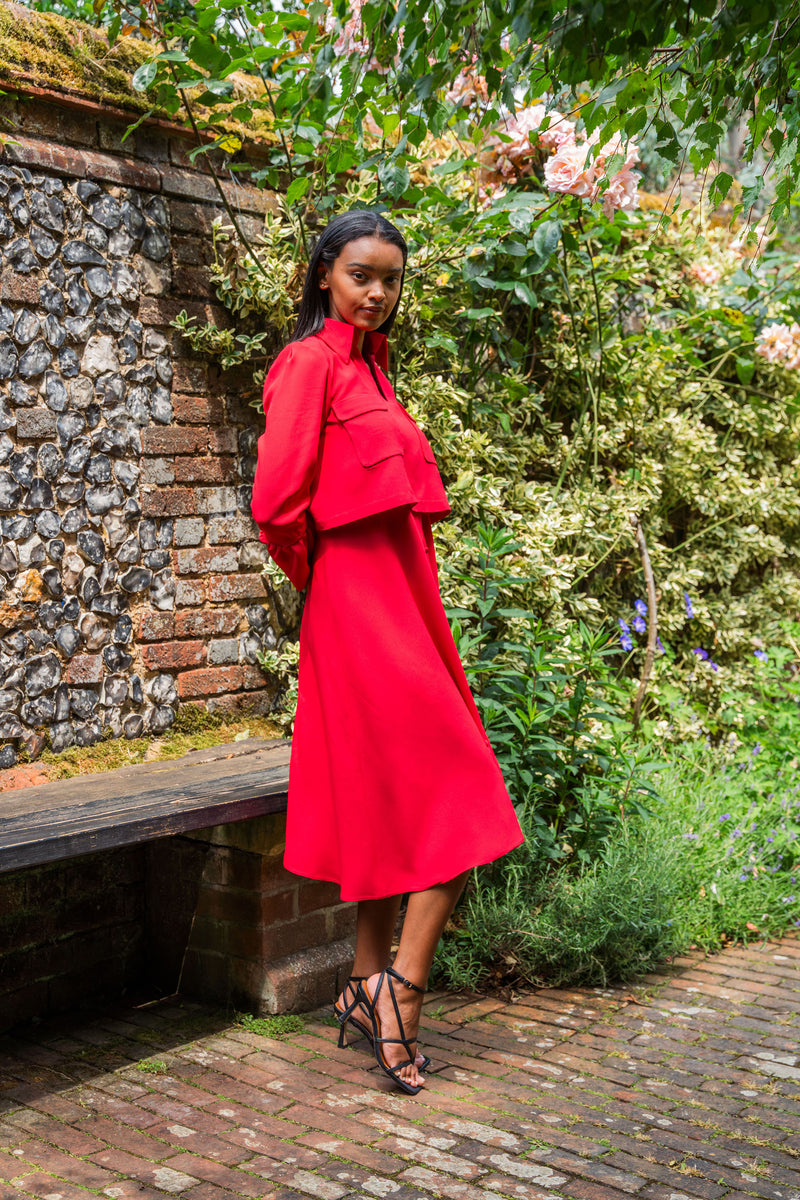 Crepe midi red dress with ruched long sleeves