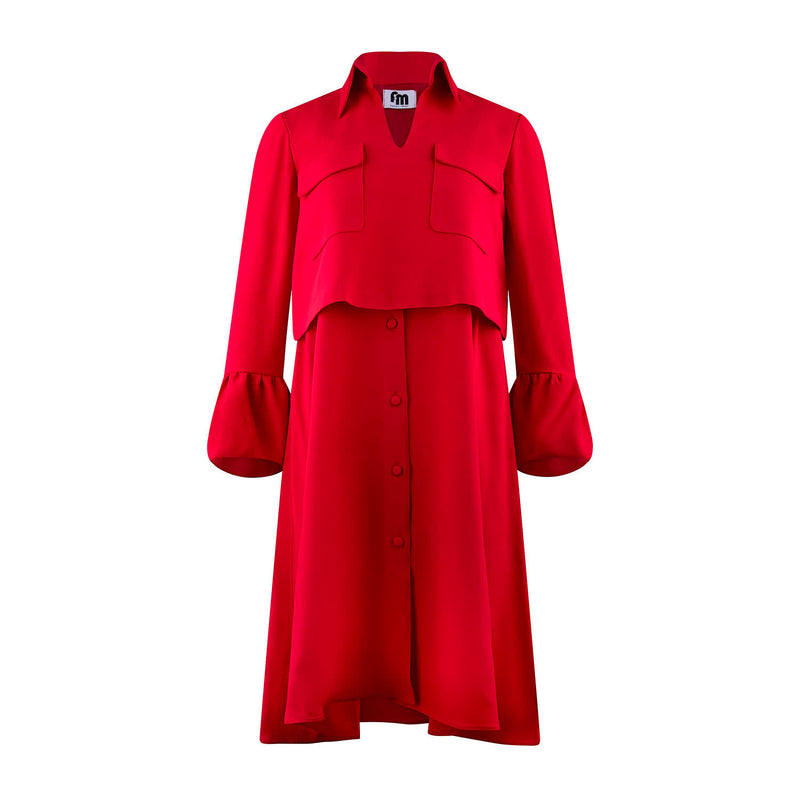 Crepe midi red dress with ruched long sleeves