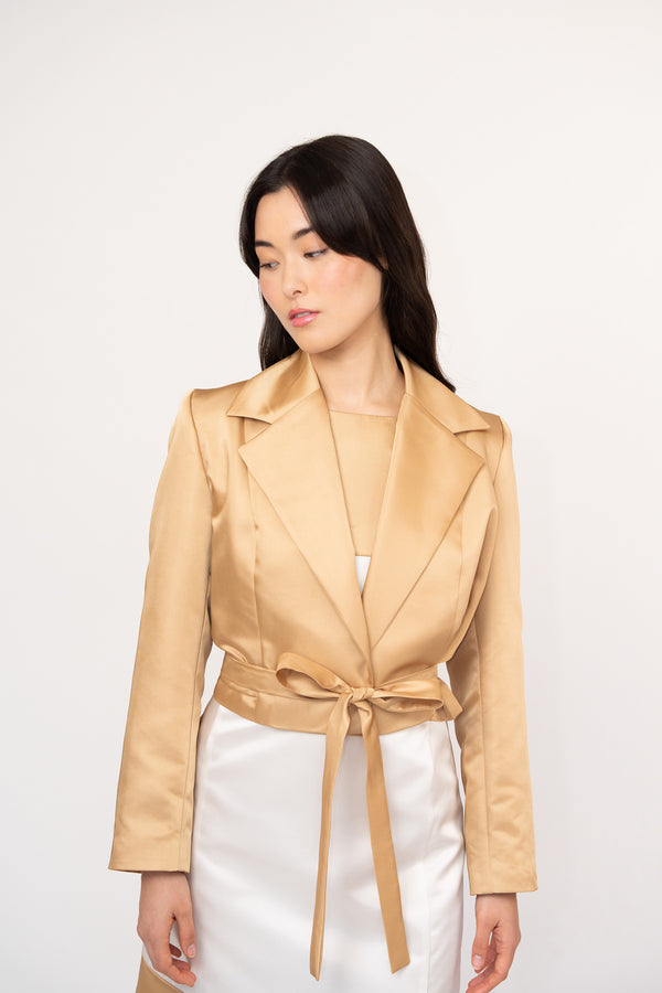 Beige Satin Cropped Belted Double-Breasted Jacket