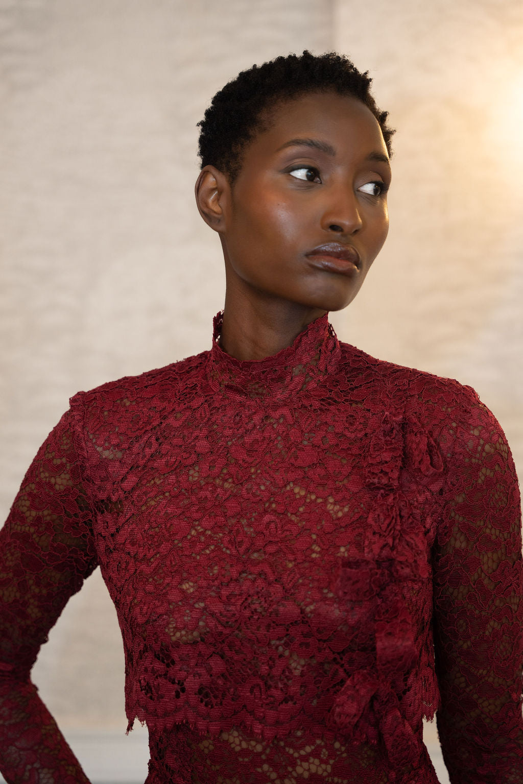 Burgundy lace midi dress with high neckline and long sleeves on model.