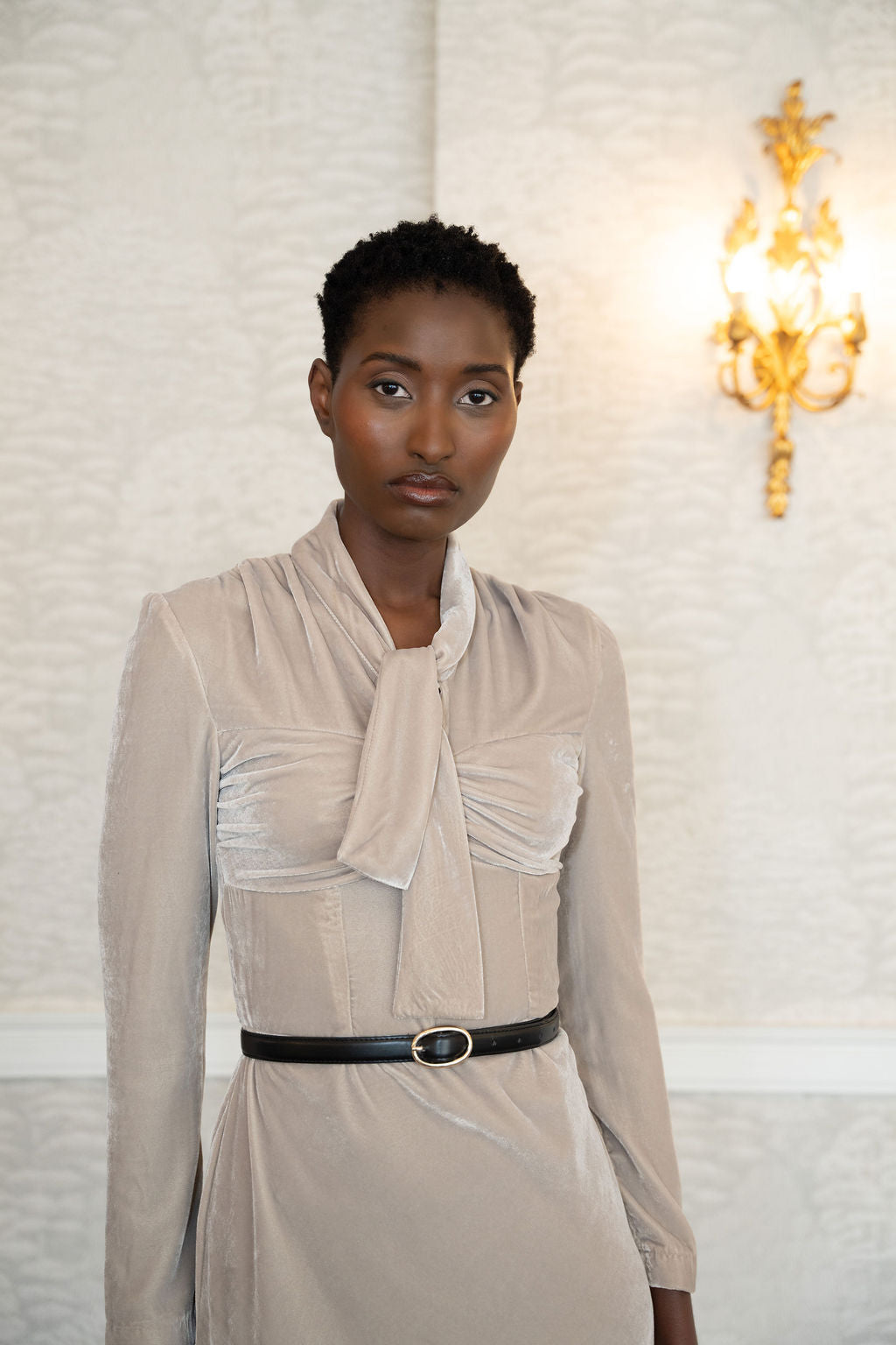 Taupe velvet midi dress with long sleeves, tie-neck detail, and black belt at waist.
