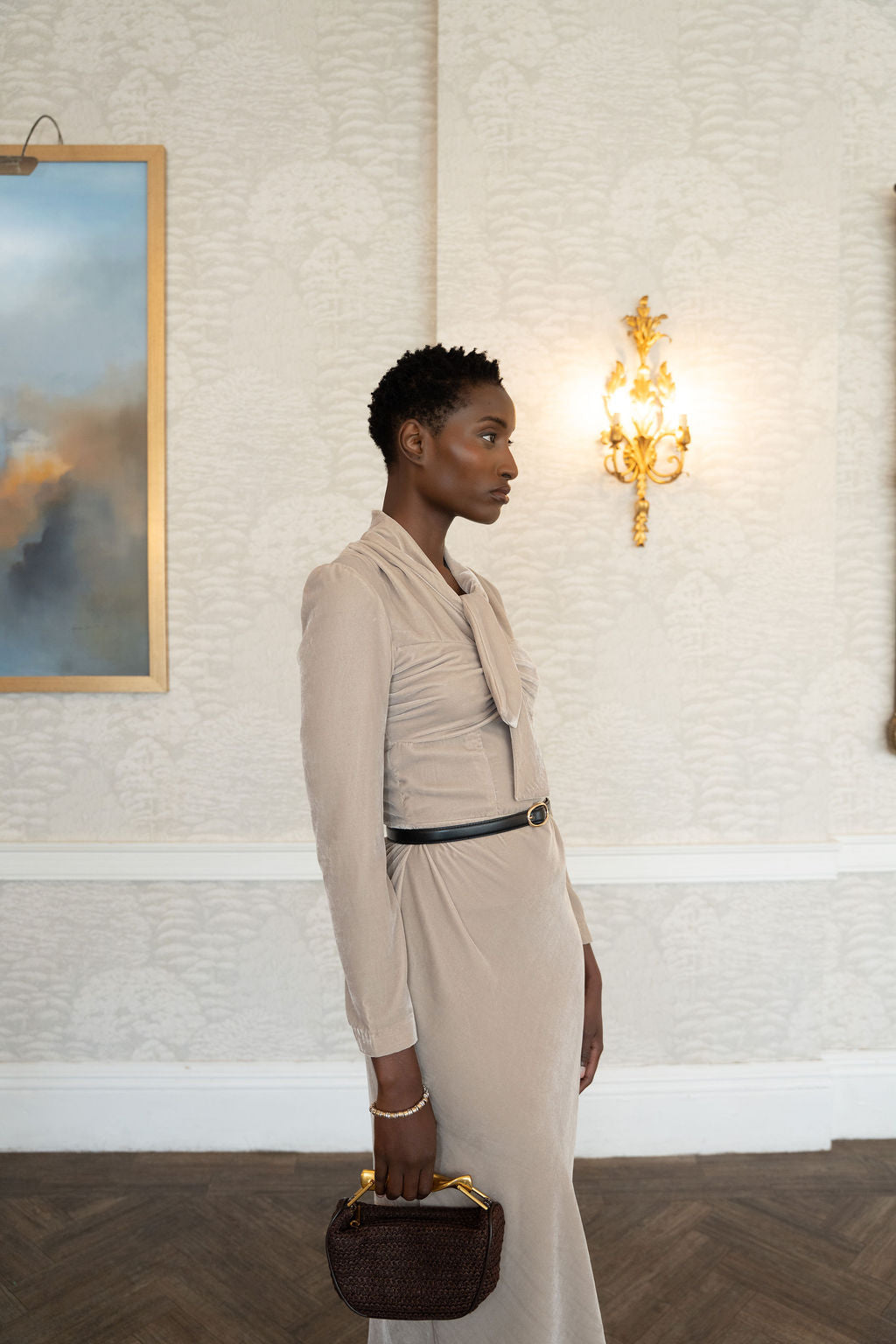 Taupe midi velvet dress