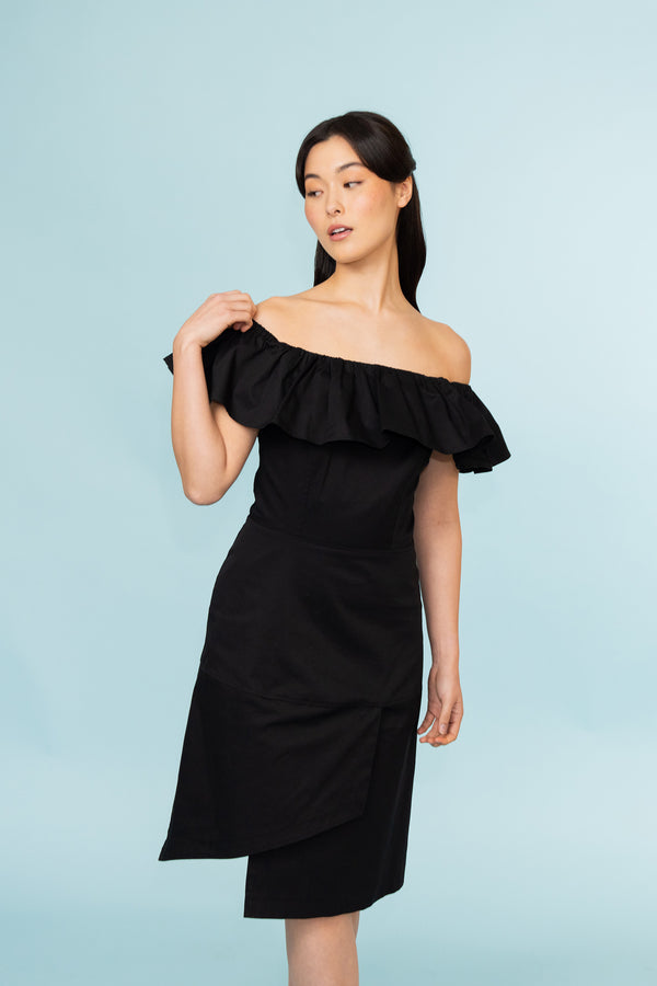 Ruched Off the Shoulders Asymmetrical Black Cotton Dress