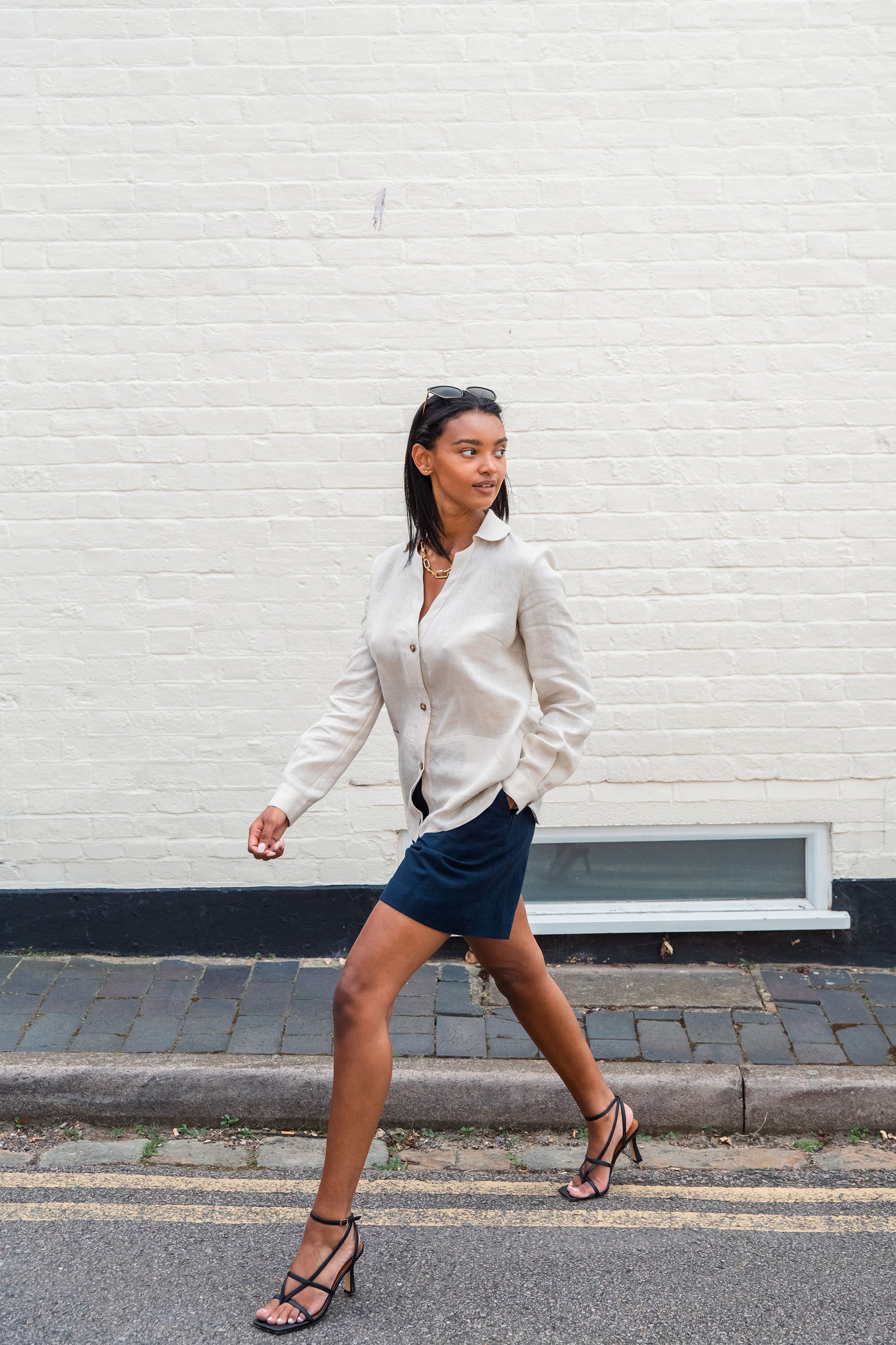 Navy Blue Tailored Cotton Linen Shorts