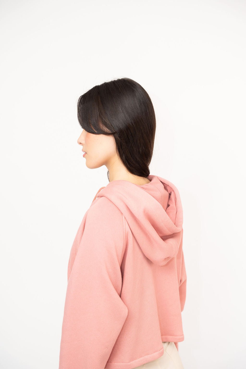 Pink Asymmetrical Panel Cropped Cotton Hoodie