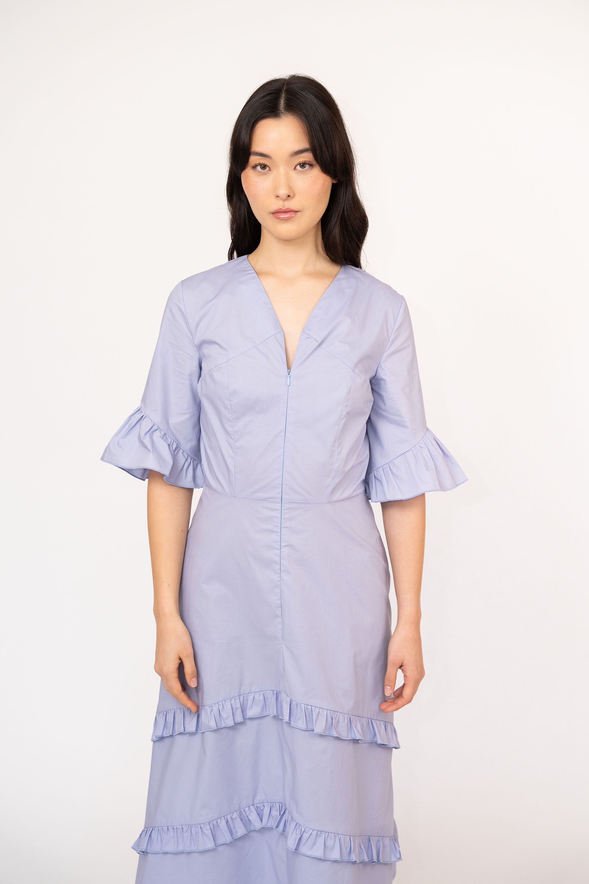 Poplin Romantic Midi Dress with Frills