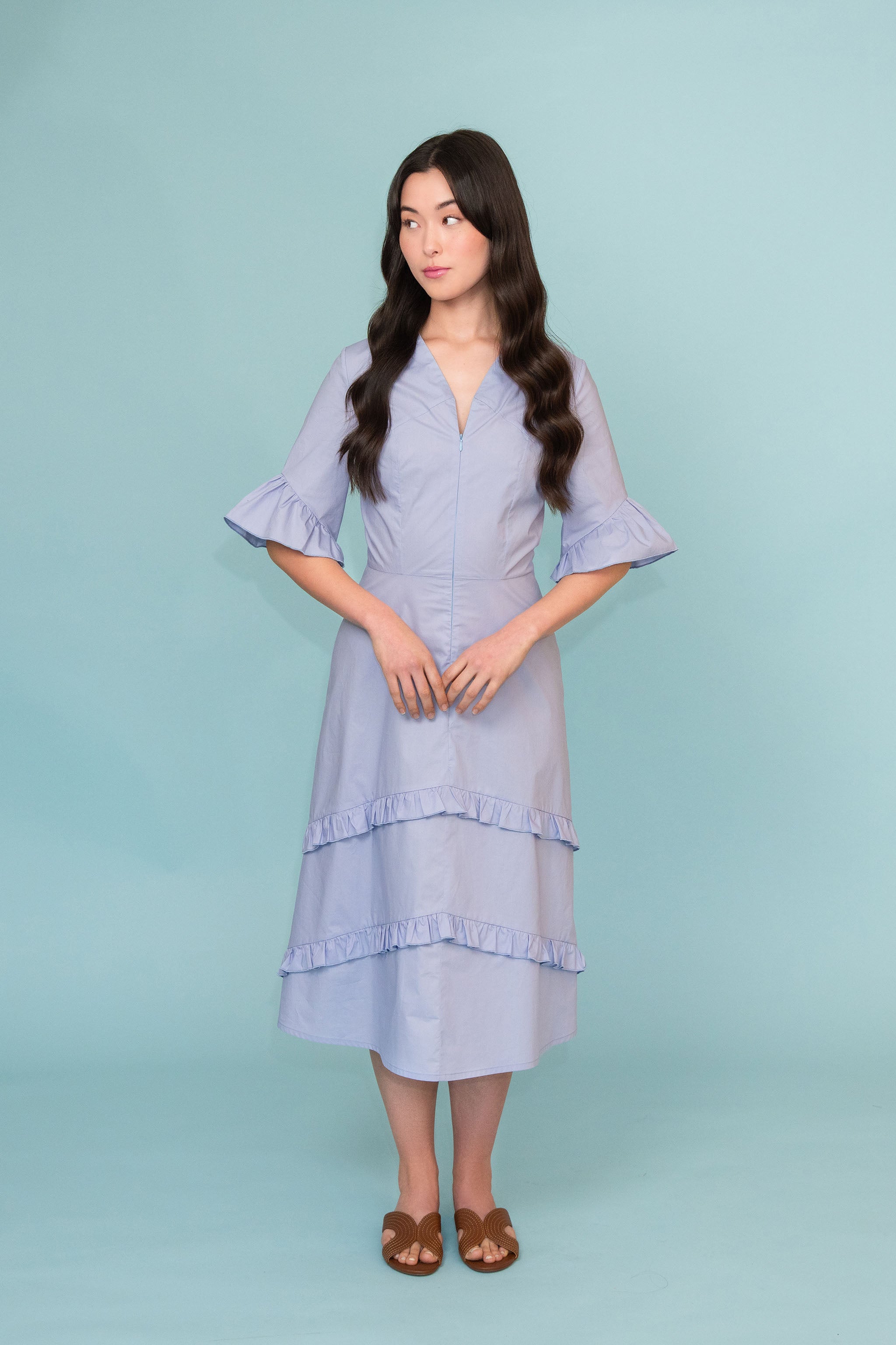 Poplin Romantic Midi Dress with Frills