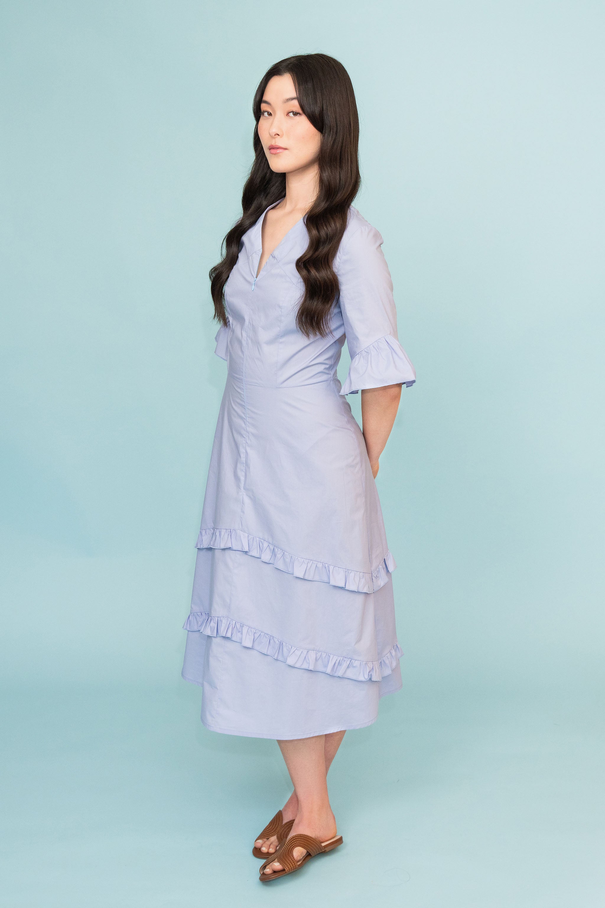 Poplin Romantic Midi Dress with Frills