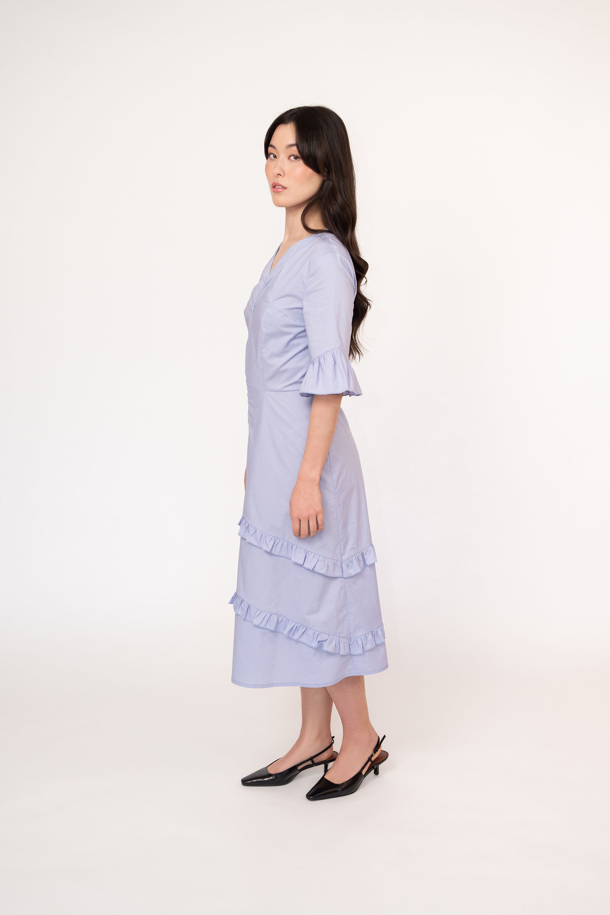 Poplin Romantic Midi Dress with Frills