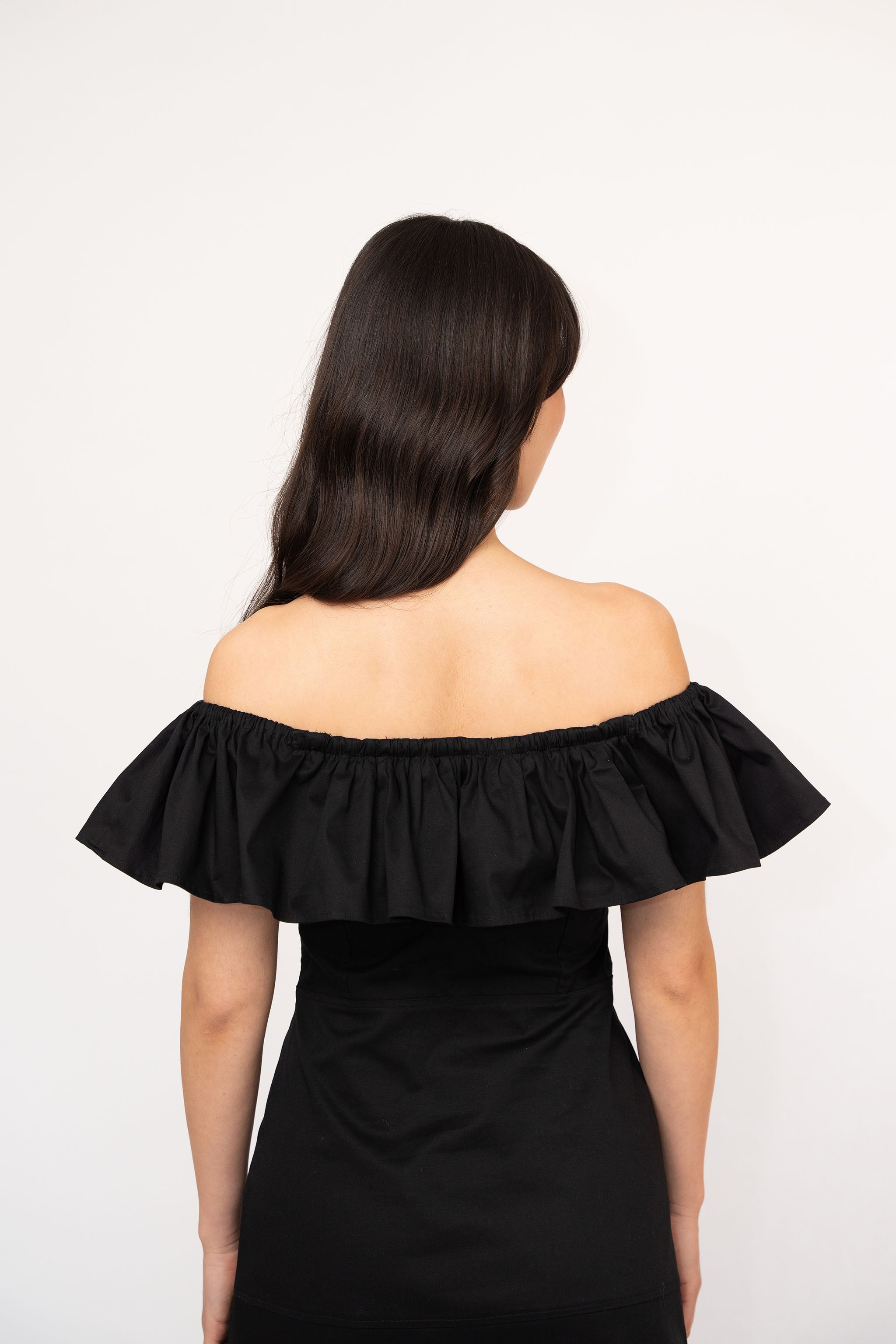 Ruched Off the Shoulders Asymmetrical Black Cotton Dress