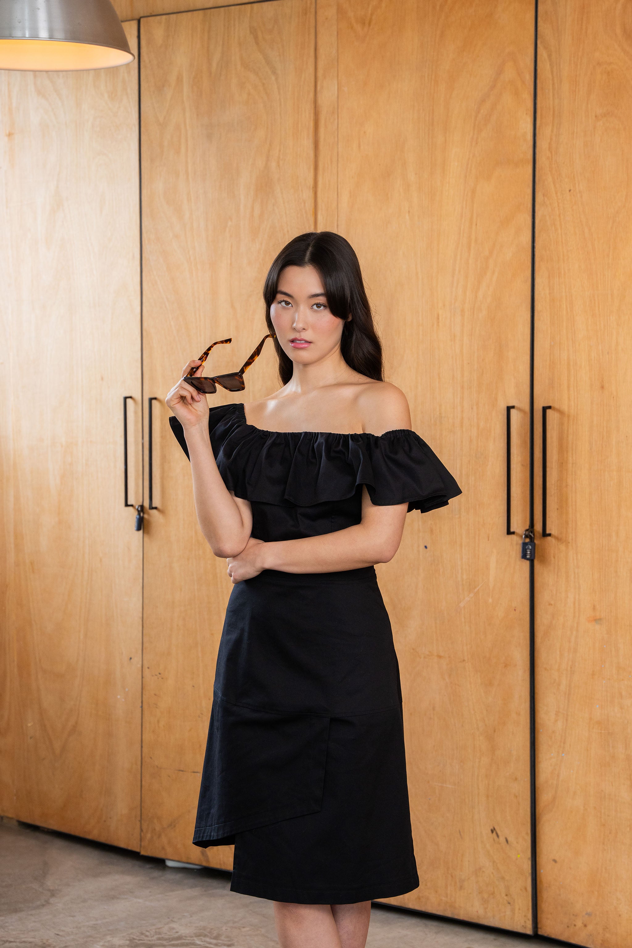 Ruched Off the Shoulders Asymmetrical Black Cotton Dress