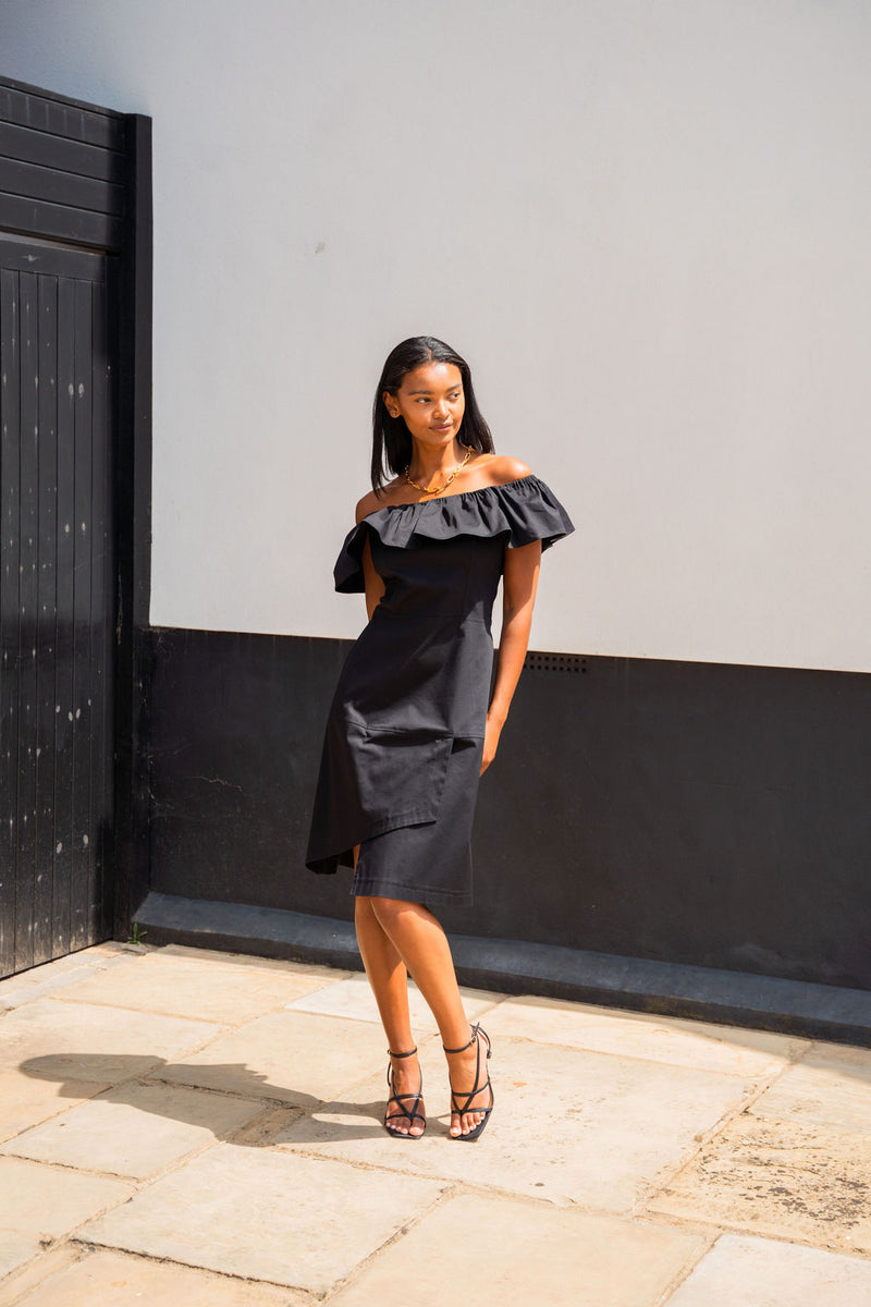 Ruched Off the Shoulders Asymmetrical Black Cotton Dress Atelier Ferrari Monti