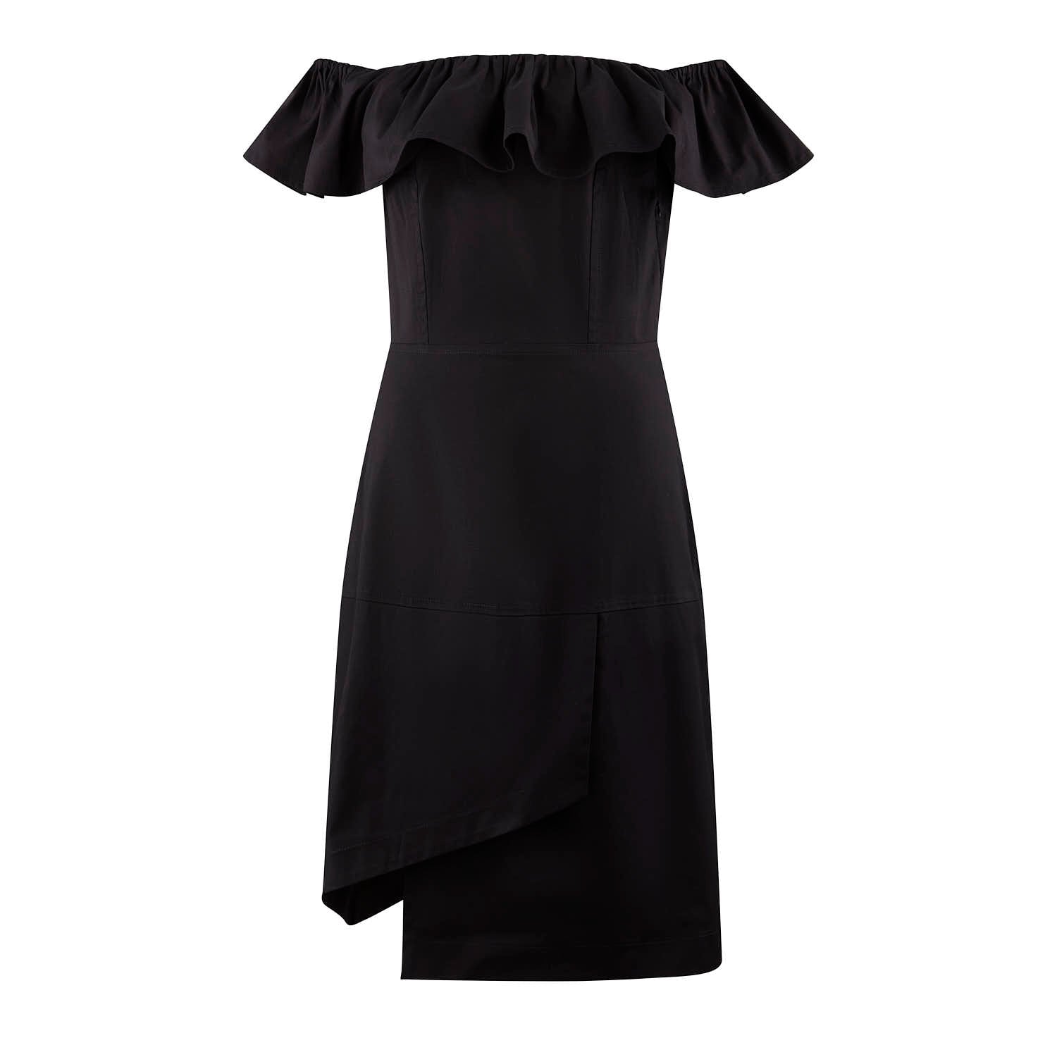 Ruched Off the Shoulders Asymmetrical Black Cotton Dress