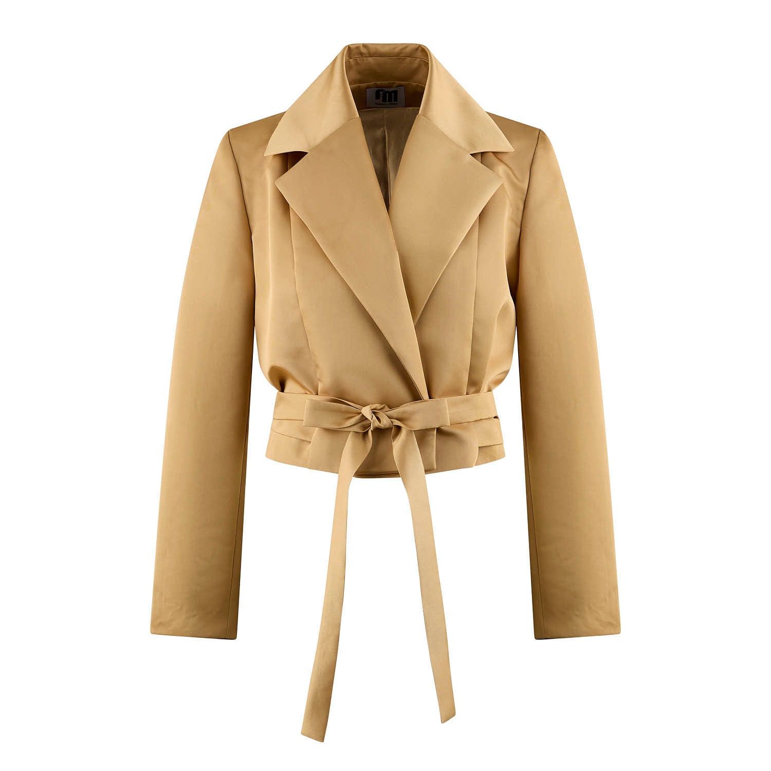 Beige Satin Cropped Belted Double-Breasted Jacket